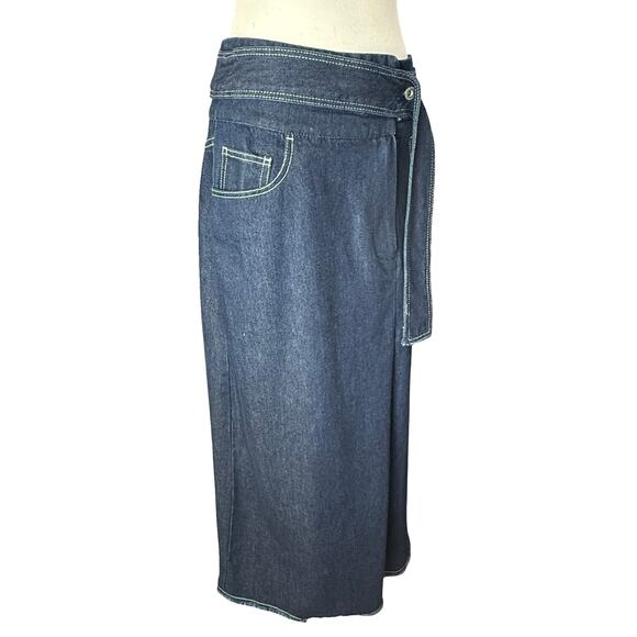 Adolfo Dominguez Denim Maxi Skirt Asymmetrical Belt Button Closure Dark Size 2 - Picture 2 of 8